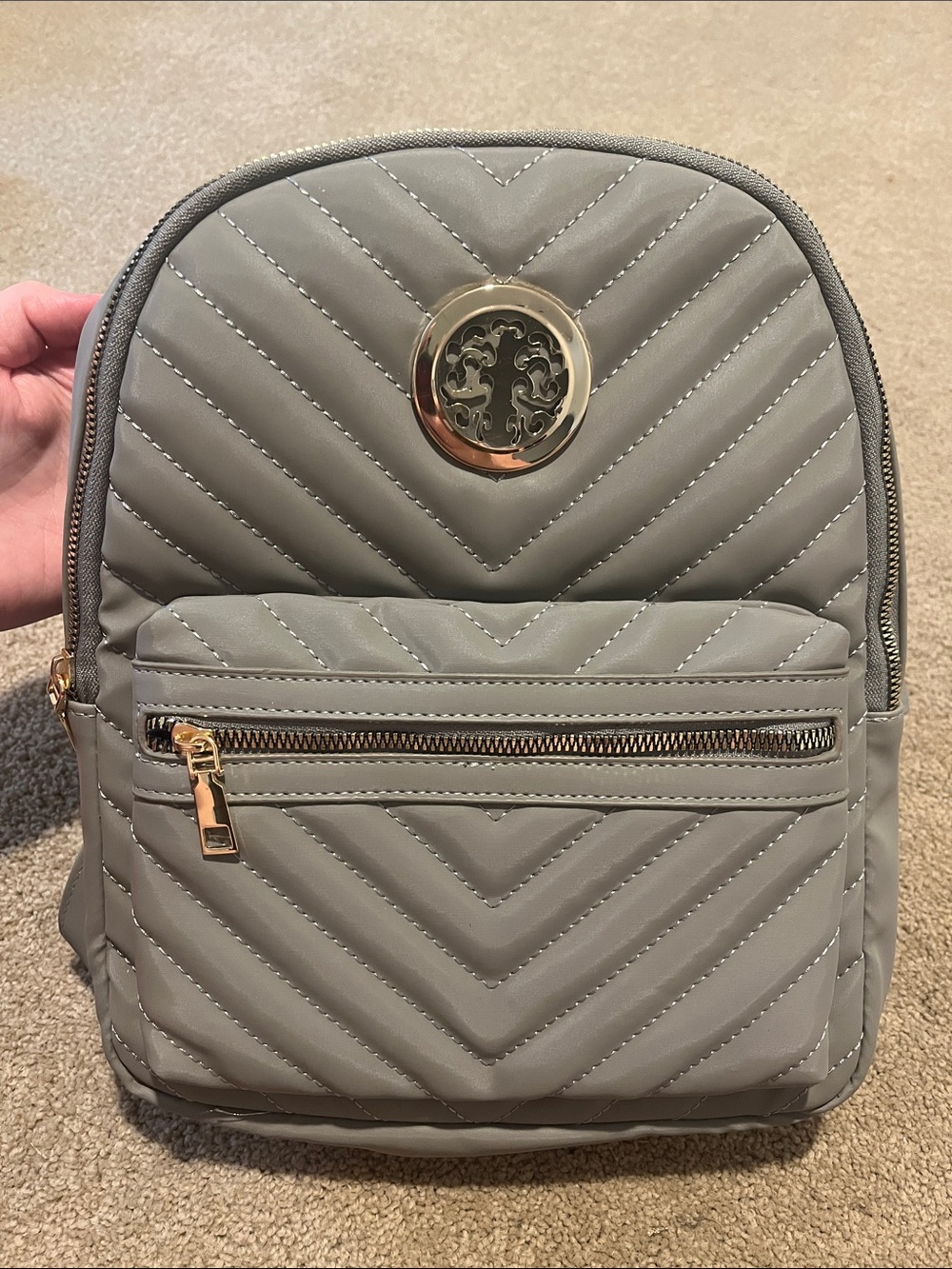 Quilted Mini Backpack - Gray with Gold Accent